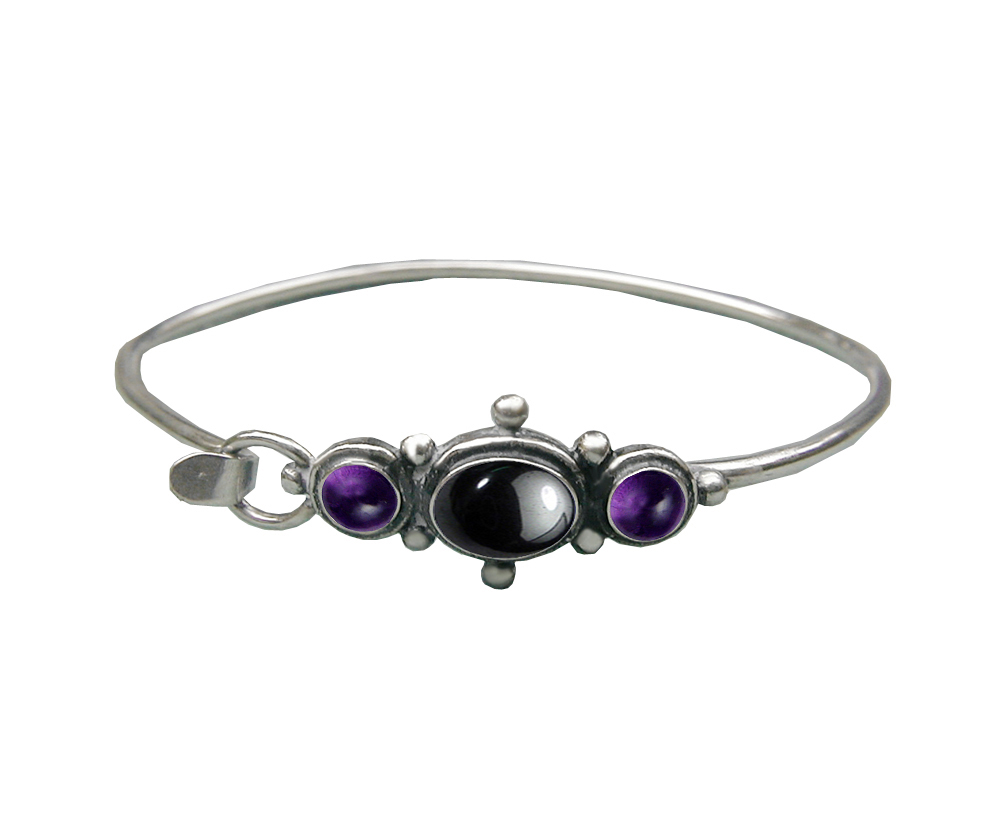 Sterling Silver Strap Latch Spring Hook Bangle Bracelet Hematite And Amethyst